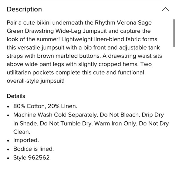 Rhythm Verona Sage Wide Leg Drawstring Jumpsuit Size Small NWOT - Picture 11 of 16